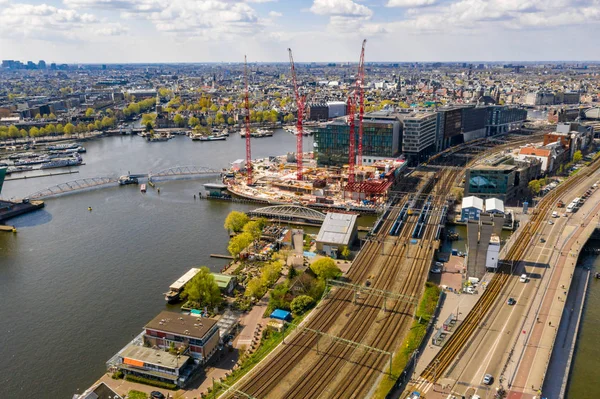 Panorámás Kilátás Modern Épületekre Holland Város Amszterdam Központjában Megtekintés Felülről — Stock Fotó