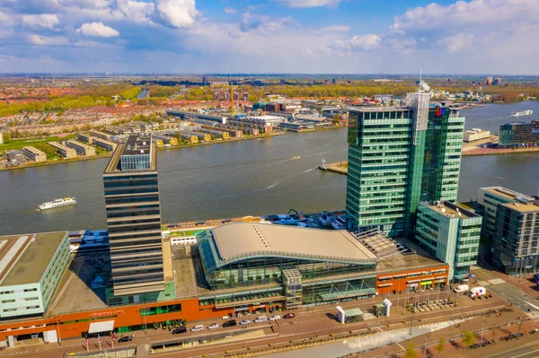 Panoramisch Uitzicht Moderne Gebouwen Het Centrum Van Nederlandse Stad Amsterdam — Stockfoto