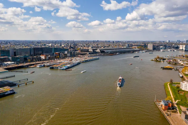 Panorámás Kilátás Modern Épületekre Holland Város Amszterdam Központjában Megtekintés Felülről — Stock Fotó