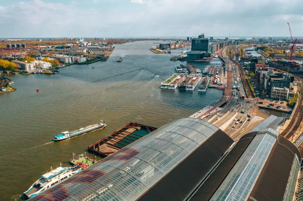 Vista Aerea Della Stazione Centrale Nome Amsterdam Scritto Lettere Enormi — Foto Stock