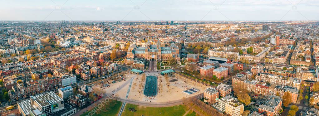 April 3, 2019. Amsterdam, Netherlands. Aerial view of the The Rijksmuseum. Netherlands national museum dedicated to arts and history.  