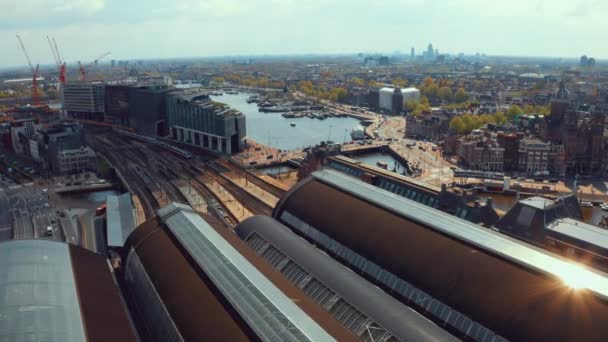 Utsikt Över Amsterdams Centralstation Utsikt Från Ovan — Stockvideo