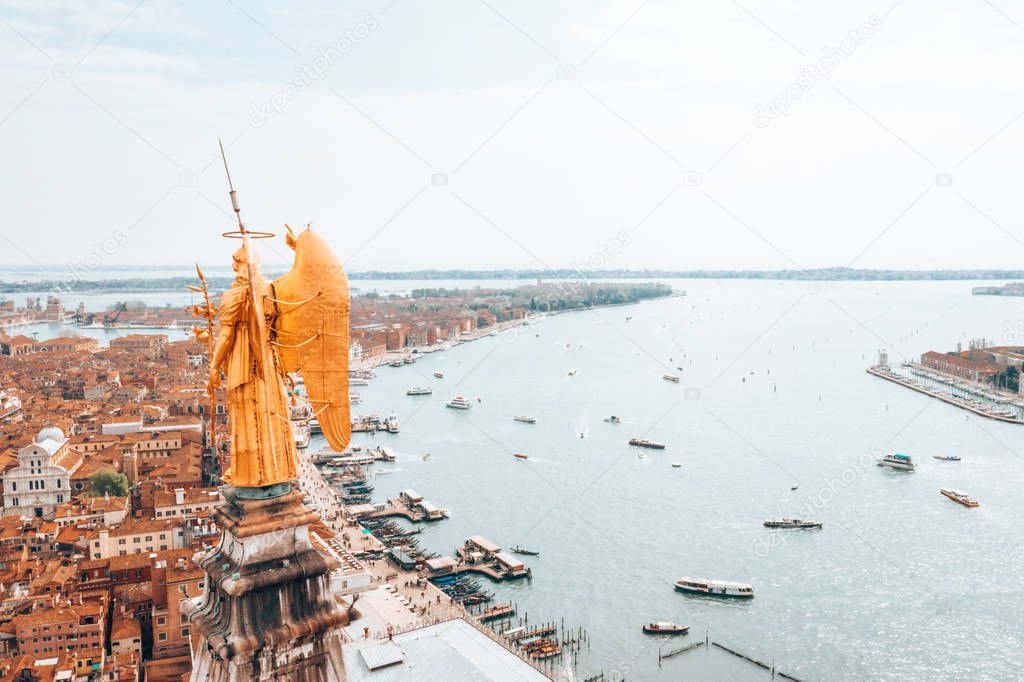 Beautiful Venice view from the top of the San Marco tower. Golden angel over Venice.