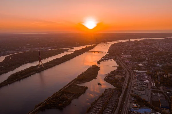 Beautiful Riga sunset aerial view near the bridge.