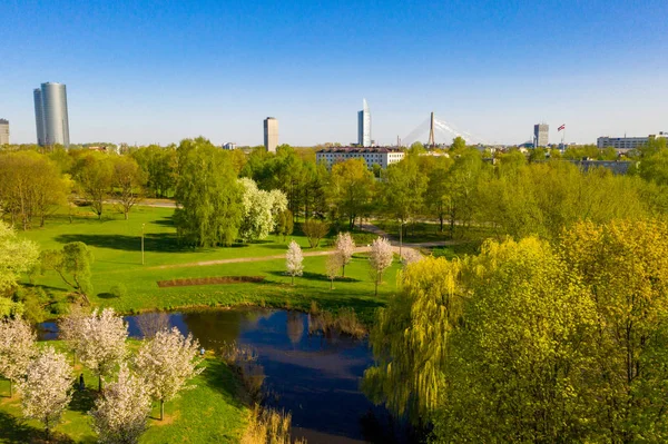 Hermosa Vista Parque Aéreo Con Casco Antiguo Riga Fondo Parque —  Fotos de Stock