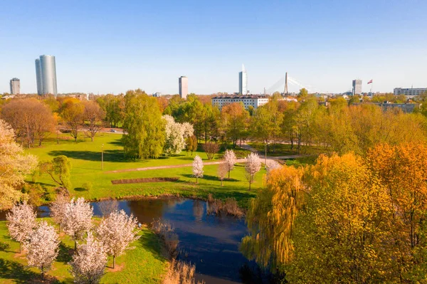 Hermosa Vista Parque Aéreo Con Casco Antiguo Riga Fondo Parque —  Fotos de Stock