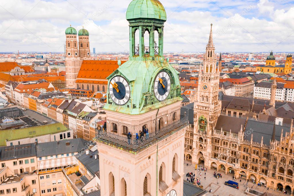 Munich, Germany. April 10, 2019. Clock tower near the Marienplatz in Munich.