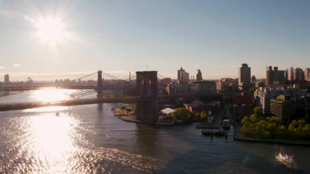 Vista Aérea Del Puente Brooklyn Sobre Río Hudson Hermosas Luces — Vídeo de stock