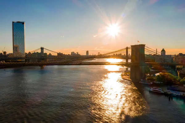 Luchtfoto Van Brooklyn Manhattan Bridge Bij Zonsopgang New York Uitzicht — Stockfoto