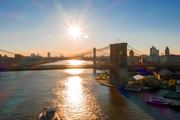 Luchtfoto Van Brooklyn Manhattan Bridge Bij Zonsopgang New York Uitzicht — Stockfoto