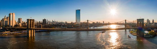 Luftaufnahme Der Brücke Von Brooklyn Und Manhattan Bei Sonnenaufgang New — Stockfoto