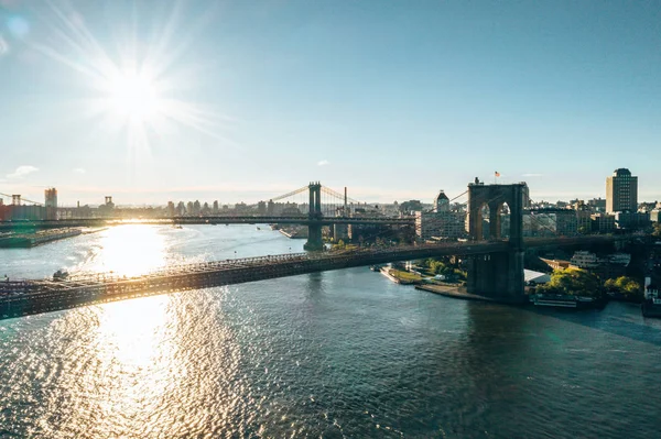 Vista Aérea Del Puente Brooklyn Manhattan Amanecer Nueva York Vista —  Fotos de Stock