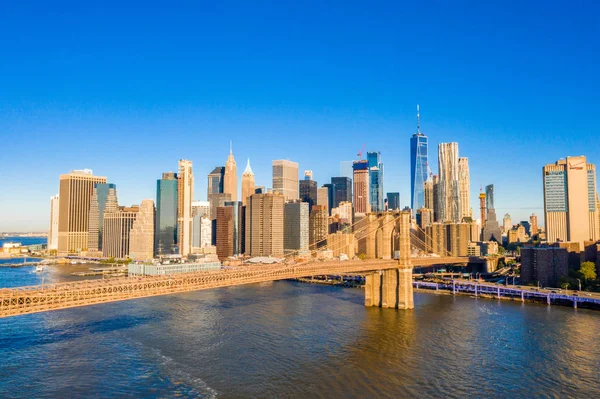 Famosa Skyline Centro Nova York Brooklin Bridge Luz Sol Início — Fotografia de Stock