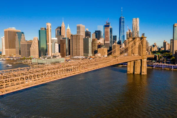 Famous Skyline Downtown New York Brooklin Bridge Early Morning Sun — стоковое фото