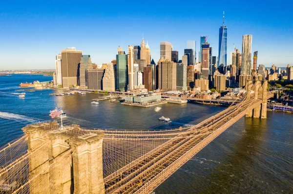 Famous Skyline Downtown New York Brooklin Bridge Early Morning Sun — Foto de Stock