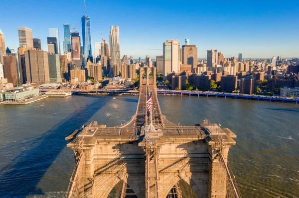 Famosa Skyline Centro Nova York Brooklin Bridge Luz Sol Início — Fotografia de Stock