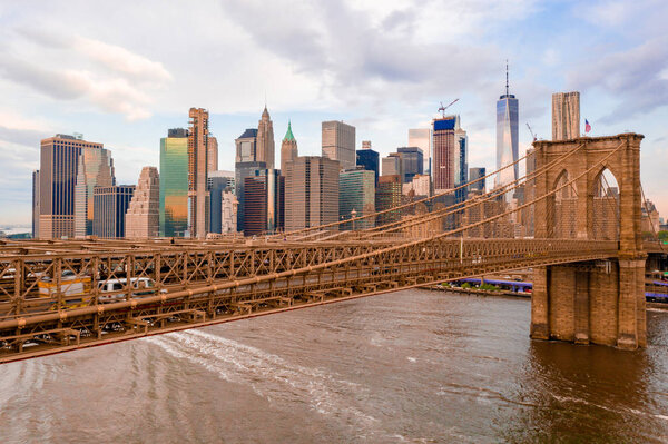 New York, United States of America. Aerial view on the Manhattan Bridge and New York skyline.