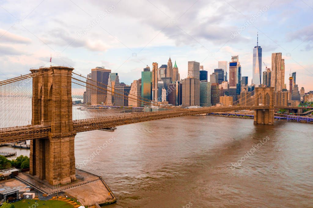 New York, United States of America. Aerial view on the Manhattan Bridge and New York skyline.     
