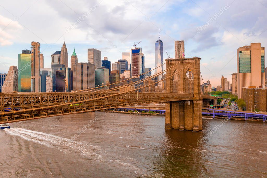 New York, United States of America. Aerial view on the Manhattan Bridge and New York skyline.     