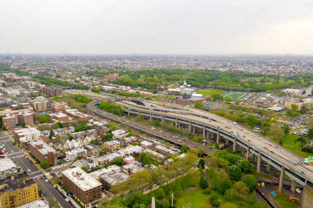 Aerial view on the Brooklyn district in New York on a cloudy day 
