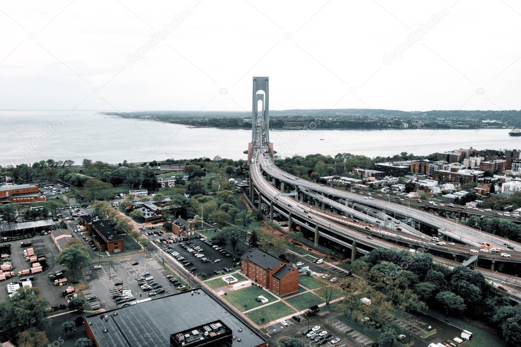 Aerial view on the Brooklyn district in New York on a cloudy day 