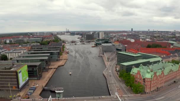 Légifelvétel Nyhavn Napkelte Színes Homlokzatai Régi Házak Régi Hajók Régi — Stock videók