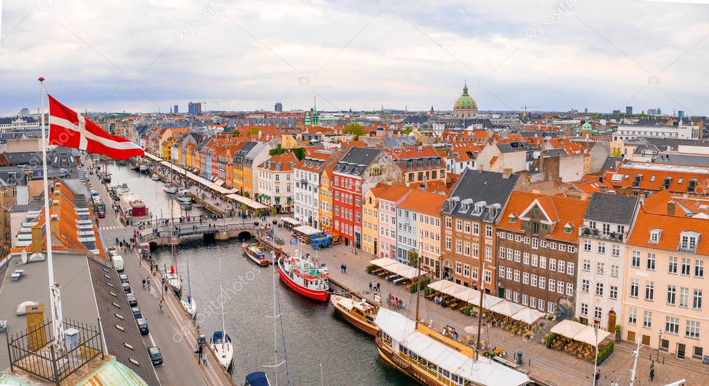 Aerial view of the Nyhavn (New Haven) district at the sunny summer day in Copenhagen, Denmark 