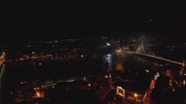 Aerial view of the beautiful fireworks show in Riga, Latvia. Celebrating Riga day. Fireworks at night.