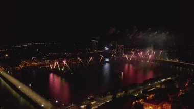 Aerial view of the beautiful fireworks show in Riga, Latvia. Celebrating Riga day. Fireworks at night.