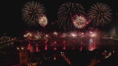 Aerial view of the beautiful fireworks show in Riga, Latvia. Celebrating Riga day. Fireworks at night.