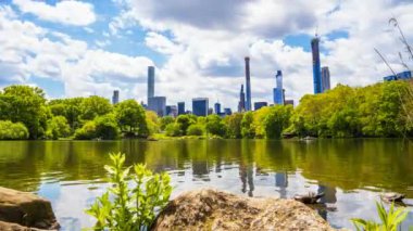 Beautiful time lapse view of the Central Park in New York City by the lake with turtles and Manhattan skyscrapers in the background.
