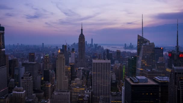 Небесна Лінія Нью Йорка Міськими Хмарочосами Заході Сонця Розрив Часу — стокове відео