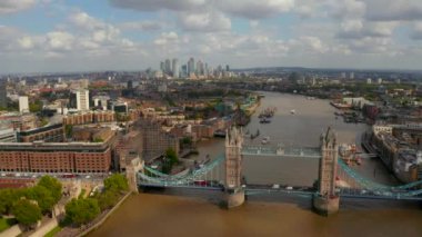 Aerial view of the Tower Bridge, city of London and the Shard skyscraper. 