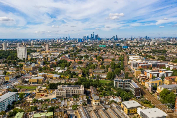 Sobrevoar Londres Vista Aérea Rio Tâmisa Bairro Cidade Londres Arranha — Fotografia de Stock