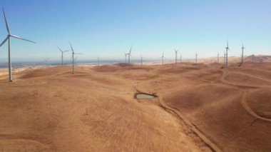 Aerial view of the wind power stations in Arizona, USA. Wind power is the use of air flow through wind turbines to mechanically power generators for electric power.