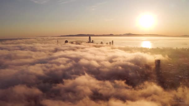 Alzarsi Volare Sopra Nuvole Durante Alba Del Mattino San Francisco — Video Stock