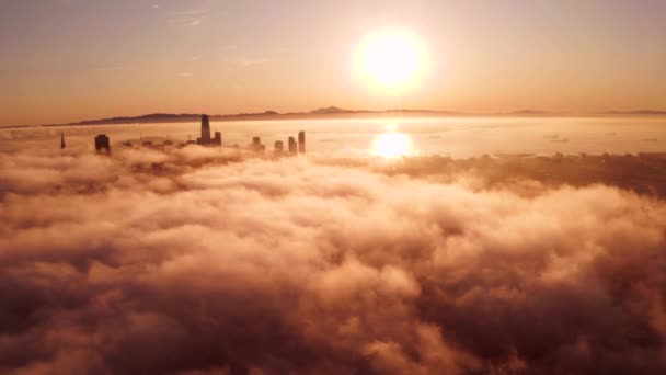 Stigande Och Flygande Över Molnen Morgonsoluppgången San Francisco Med Skyskrapor — Stockvideo