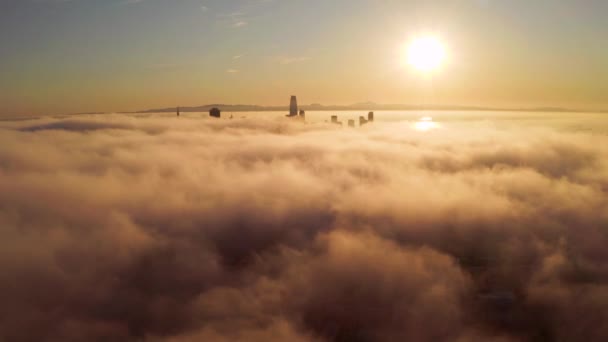 Stigande Och Flygande Över Molnen Morgonsoluppgången San Francisco Med Skyskrapor — Stockvideo