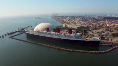 Aerial view of RMS Queen Mary ocean liner, Long Beach, CA. Gorgeous ship docked at the Long Beach.