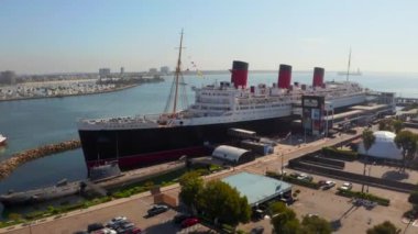 Aerial view of RMS Queen Mary ocean liner, Long Beach, CA. Gorgeous ship docked at the Long Beach.
