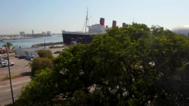 Aerial view of RMS Queen Mary ocean liner, Long Beach, CA. Gorgeous ship docked at the Long Beach.