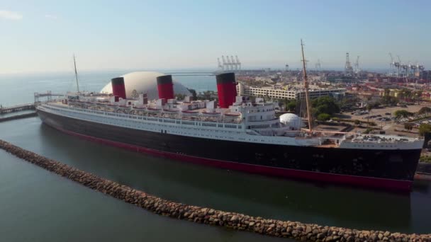 Αεροφωτογραφία Της Rms Queen Mary Υπερωκεάνιο Long Beach Υπέροχο Πλοίο — Αρχείο Βίντεο