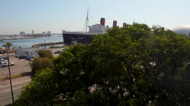 Widok Lotu Ptaka Rms Queen Mary Long Beach Wspaniały Statek — Wideo stockowe