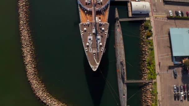 Vista Aérea Del Transatlántico Rms Queen Mary Long Beach Magnífico — Vídeos de Stock