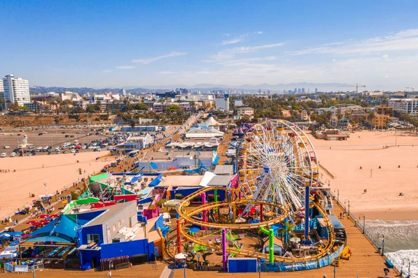 Luftaufnahme Der Santa Monica Pier Kalifornien Usa Schöner Vergnügungspark Mit — Stockfoto