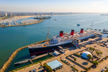 10 Mayıs 2019. Long Beach, Ca. Long Beach 'teki Rms Queen Mary okyanus gemisinin muhteşem hava manzarası. Bir noktada dünyanın en büyük yolcu gemisi..