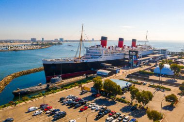 10 Mayıs 2019. Long Beach, Ca. Long Beach 'teki Rms Queen Mary okyanus gemisinin muhteşem hava manzarası. Bir noktada dünyanın en büyük yolcu gemisi..