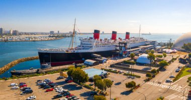 10 Mayıs 2019. Long Beach, Ca. Long Beach 'teki Rms Queen Mary okyanus gemisinin muhteşem hava manzarası. Bir noktada dünyanın en büyük yolcu gemisi..