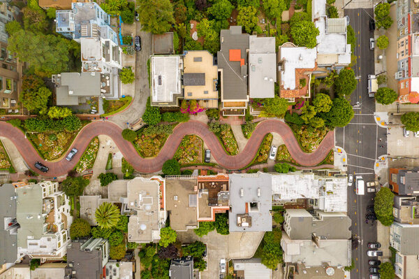 Aerial view of the famous Lombard Street, San Francisco, California, USA