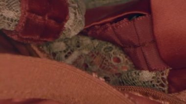 Makro, masadaki pembe kadın iç çamaşırı setini kapat. 